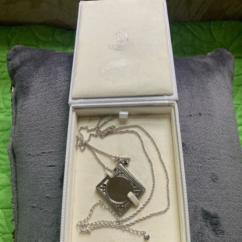 Mikimoto picture frame locket, necklace, silver.